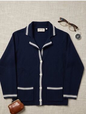 Vintage Joyce Navy Knit Button-Front Cardigan with Contrast Trim